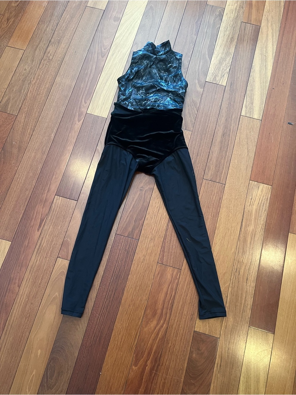 Kids Black One Piece Dance costume with Marble Print Waistband